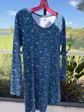 Lands' End Blue Floral Long-Sleeve Midi Dress